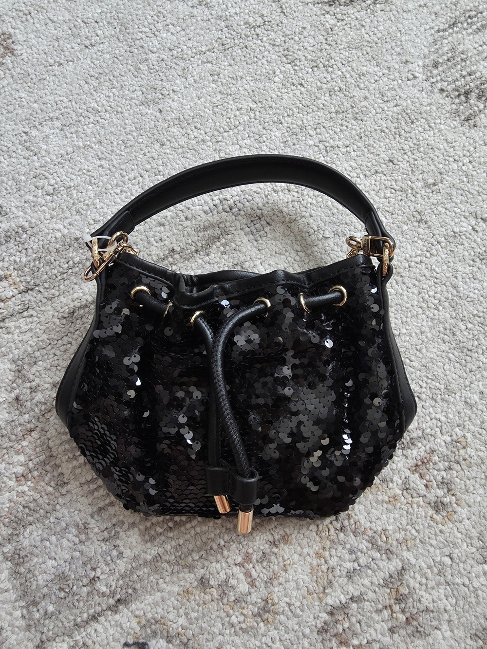 Anne Klein  Black Sequin Drawstring Mini Bag with Gold Accents